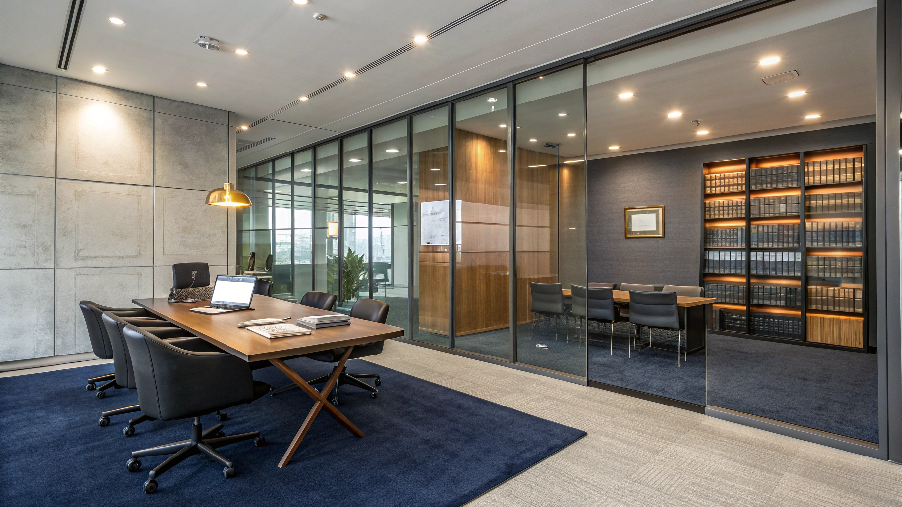 Organized legal workspace with professional documents and blue accents
