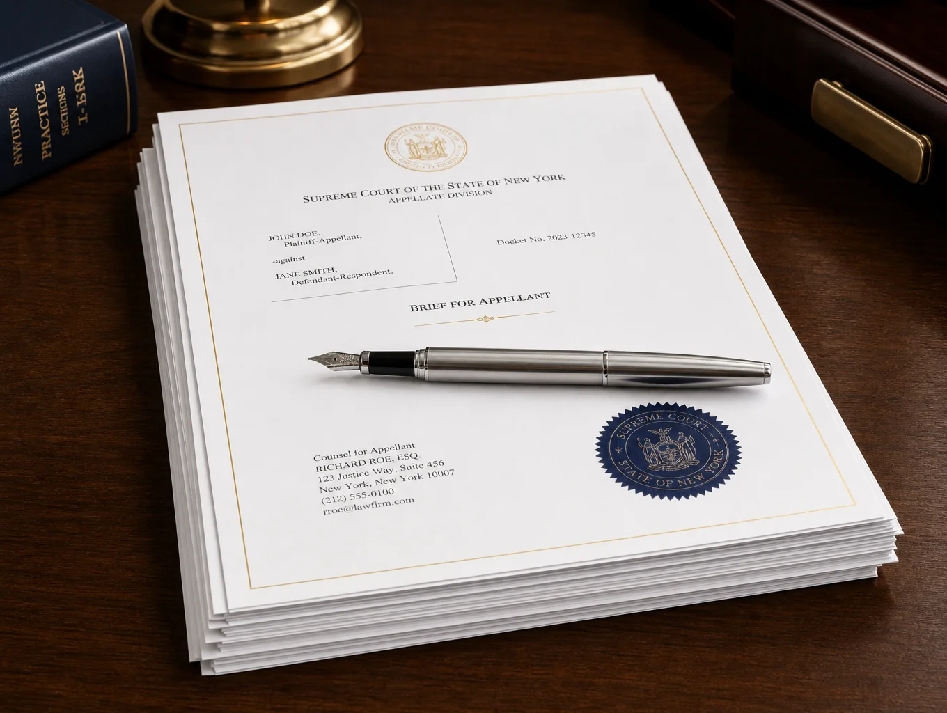 Close-up of organized legal documents and a professional fountain pen on a clean desk.